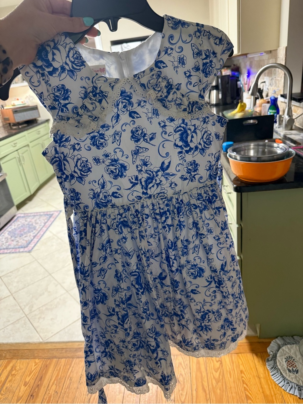 Bonnie Jean White Dress with Blue Floral Print and Ruffle Shoulders